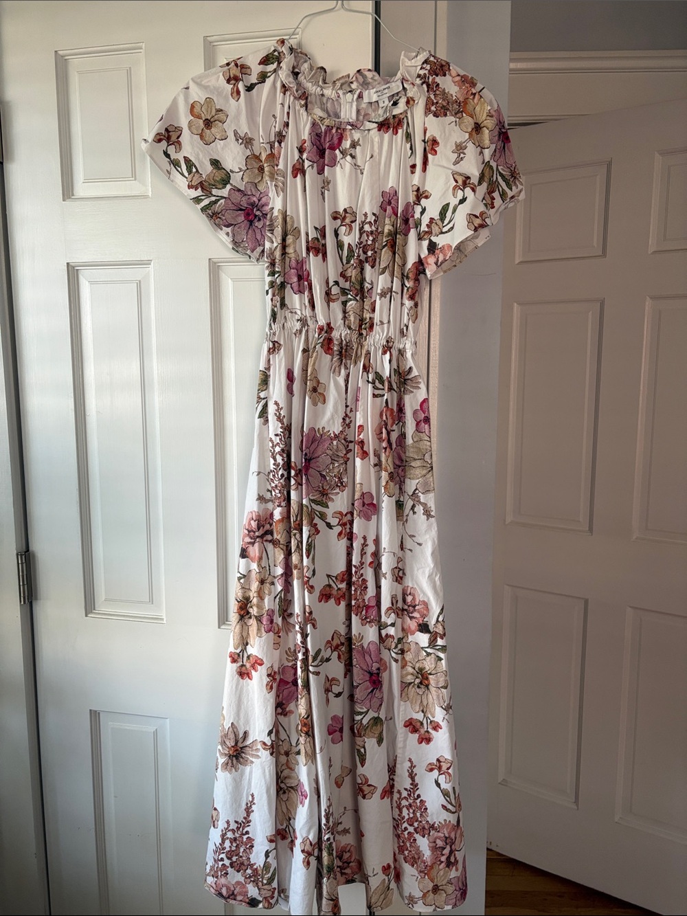 Adam Lippes White Floral Maxi Dress with Pink, Green and Brown Accents